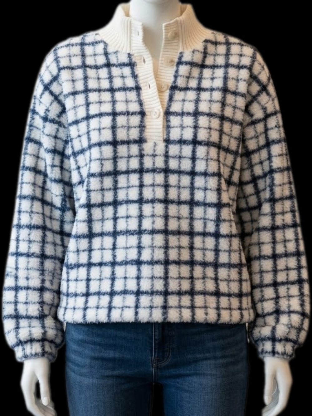 Cozy White & Navy Grid Nubby Knit Sweater